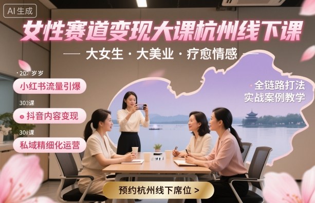 女性赛道变现大课杭州线下,大女生,大美业,疗愈情感,一套小红书、抖音、私域全链路打法-风淘社