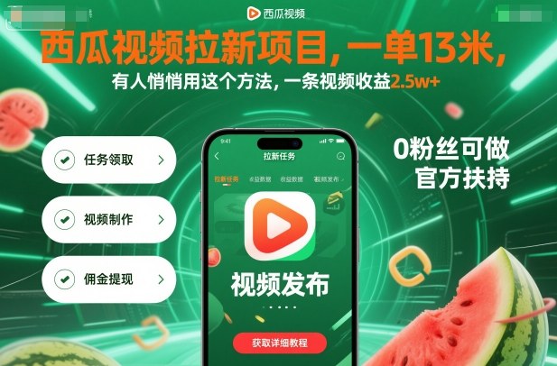 西瓜视频拉新项目,一单13米,有人悄悄用这个方法,一条视频收益2.5w+(附详细教程)-风淘社