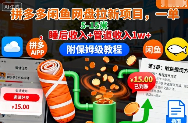 拼多多闲鱼网盘拉新项目,一单5-15米,睡后收入+管道收入1w+(附保姆级教程)-风淘社