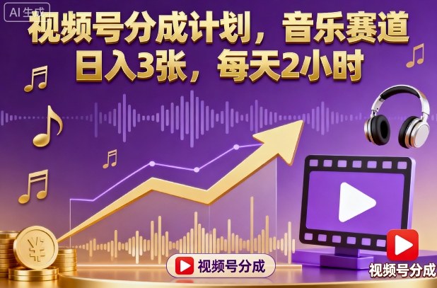 视频号分成计划,音乐赛道,日入3张,每天2小时-风淘社