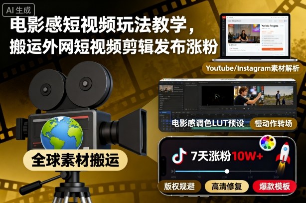 电影感短视频玩法教学,搬运外网短视频剪辑发布涨粉-风淘社