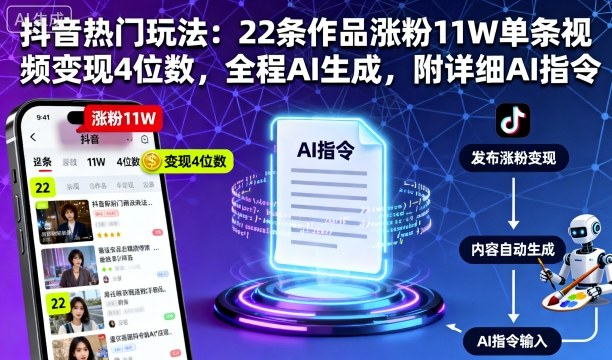 抖音热门玩法：22条作品涨粉11W单条视频变现4位数，全程AI生成，附详细AI指令-风淘社