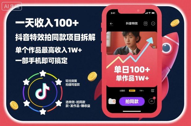 一天收入100+,抖音特效拍同款项目拆解,单个作品最高收入1W+,一部手机即可搞定-风淘社