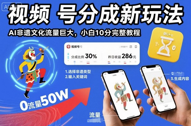 视频号分成新玩法,AI非遗文化流量巨大,小白10分钟搞定,完整教程-风淘社