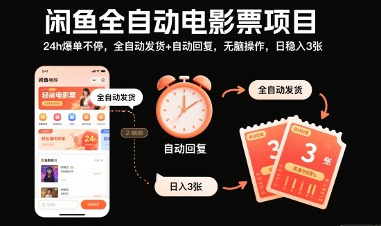 闲鱼全自动电影票项目,24h爆单不停,全自动发货+自动回复,无脑操作,日稳入3张【揭秘】-风淘社
