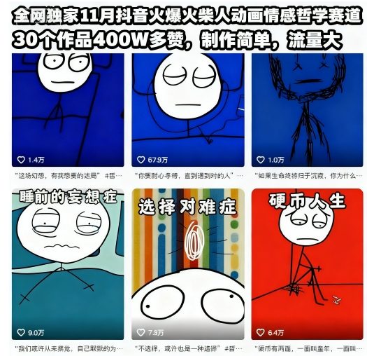 全网独家11月抖音火爆火柴人动画情感哲学赛道,30个作品400W多赞,制作简单,流量大【教学+素材】-风淘社