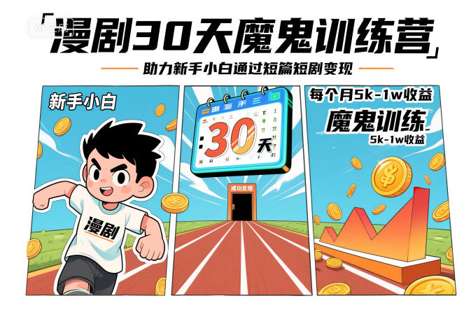 漫剧30天魔鬼训练营,助力新手小白通过短篇短剧变现,每个月5k-1w收益-风淘社