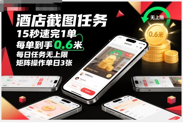 酒店截图任务,15秒速完1单,每单到手0.6米,每日任务无上限,全网首发玩法,矩阵操作单日3张【揭秘】-风淘社