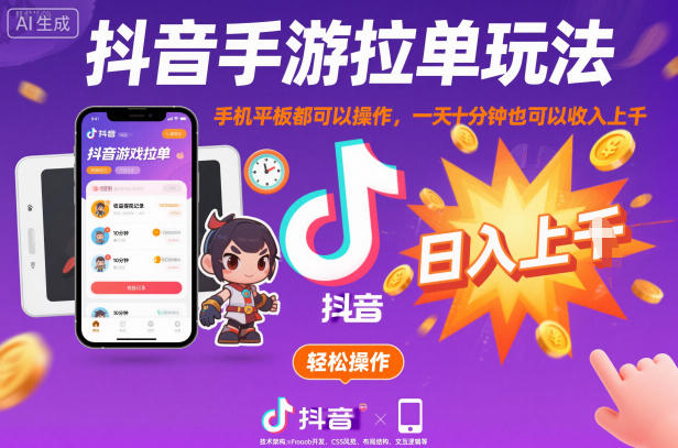 抖音手游拉单玩法,手机平板都可以操作,一天十分钟也可以收入上K【揭秘】-风淘社