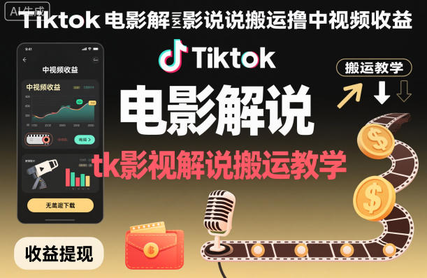 Tiktok电影解说搬运撸中视频收益,tk影视解说搬运教学-风淘社
