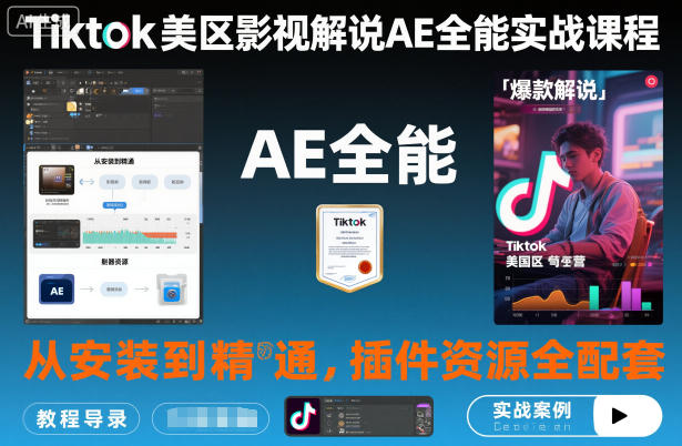 Tiktok美区影视解说AE全能实战课程：从安装到精通，插件资源全配套，TK影视解说必学-风淘社