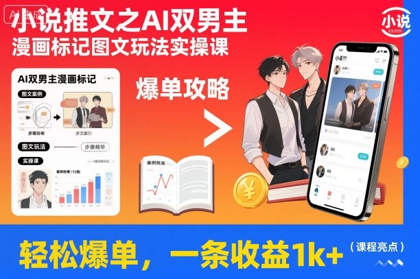 小说推文之AI双男主漫画标记图文玩法实操课,轻松爆单,一条收益1k+-风淘社