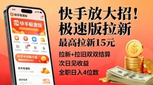 快手放大招！极速版拉新，最高拉新15米，拉新+拉旧双双结算，次日见收益，全职日入4位数-风淘社
