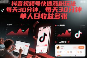 抖音视频号快速涨粉玩法，每天30分钟，单人日收益多张-风淘社