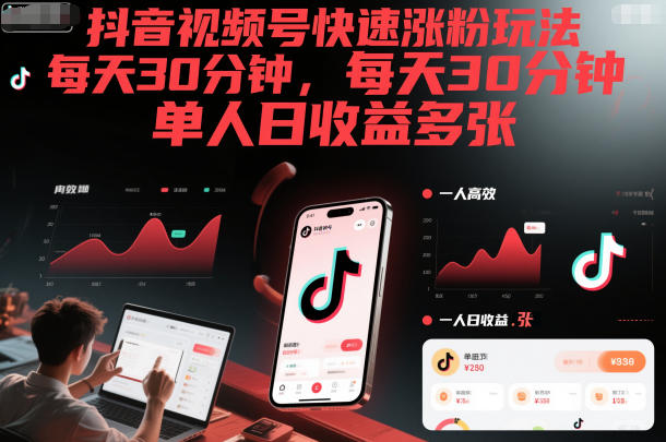 抖音视频号快速涨粉玩法，每天30分钟，单人日收益多张-风淘社