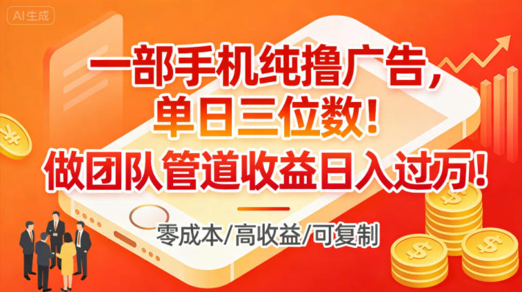 一部手机纯撸广告，单日三位数，做团队管道收益日入过1W-风淘社