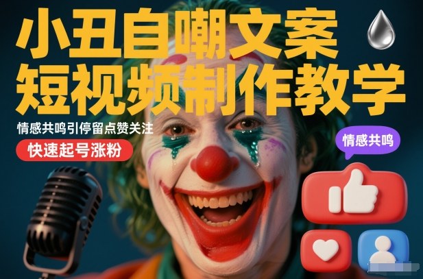 小丑自嘲文案短视频制作教学，情感共鸣引停留点赞关注，快速起号涨粉-风淘社