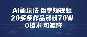 AI新玩法哲学短视频制作教学，20多条作品涨粉70W，0成本赛道，可矩阵-风淘社