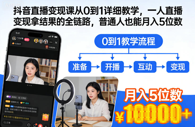 抖音直播变现课从0到1详细教学，一人直播变现拿结果的全链路，普通人也能月入5位数-风淘社