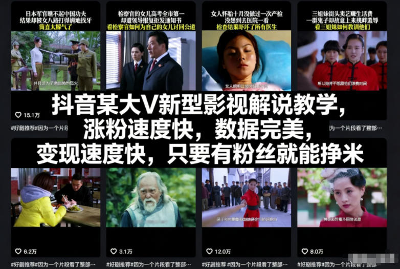 抖音某大V新型影视解说教学,涨粉速度快,数据完美,变现速度快,只要有粉丝就能挣米-风淘社