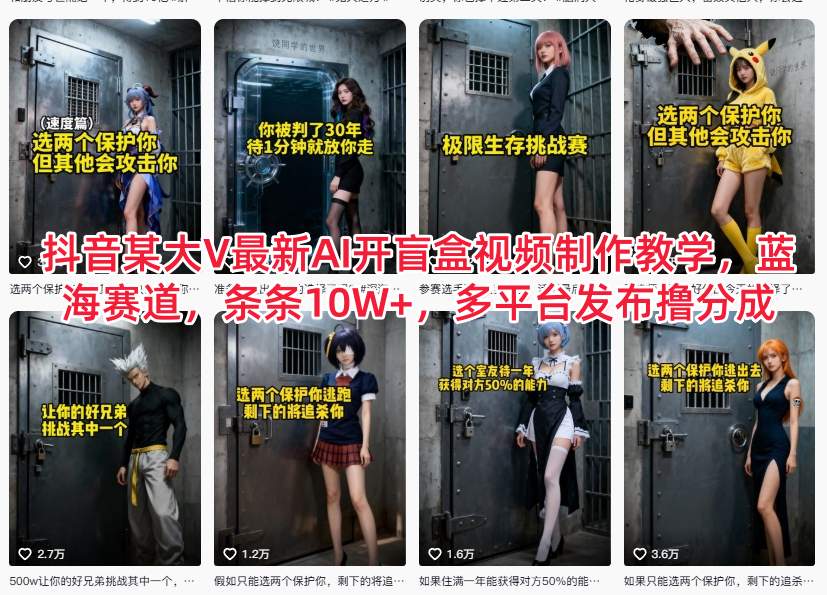 抖音某大V最新AI开盲盒视频制作教学,蓝海赛道,条条10W+,多平台发布撸分成-风淘社