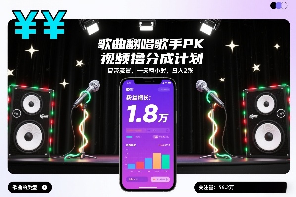 歌曲翻唱歌手PK视频撸分成计划，自带流量，一天两小时，日入2张-风淘社