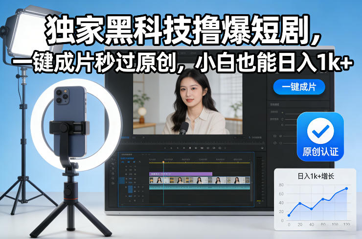 独家黑科技撸爆短剧，一键成片秒过原创，小白也能日入1k+【揭秘】-风淘社