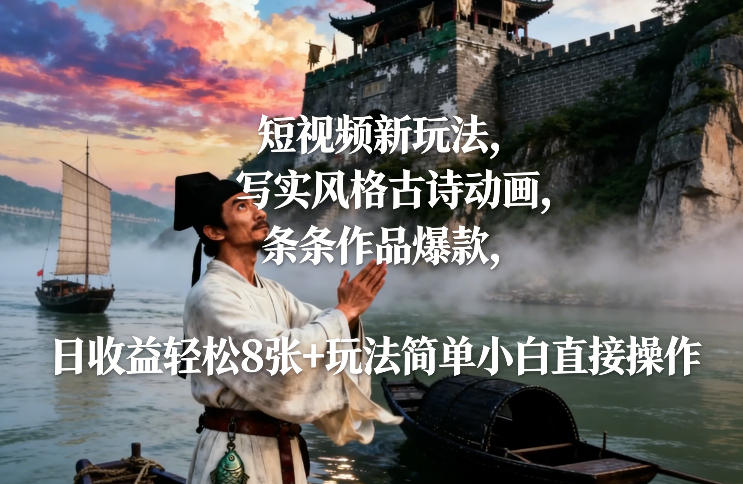 短视频新玩法,写实风格古诗动画,条条作品爆款,日收益轻松8张+玩法简单小白直接操作-风淘社