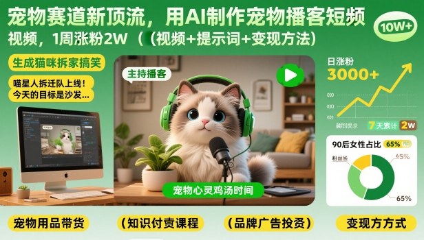 宠物赛道新顶流,用AI制作宠物播客短视频,1周涨粉2W(视频+提示词+变现方法)-风淘社