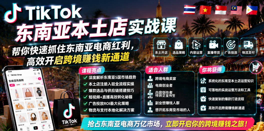 TikTok东南亚本土店实战课，帮你快速抓住东南亚电商红利，高效开启跨境賺钱新通道-风淘社