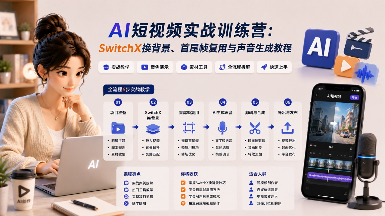 AI短视频实战训练营:SwitchX换背景、首尾帧复用与声音生成教程 AI短视频实战训练营:SwitchX换背景、首尾帧复用与声音生成教程