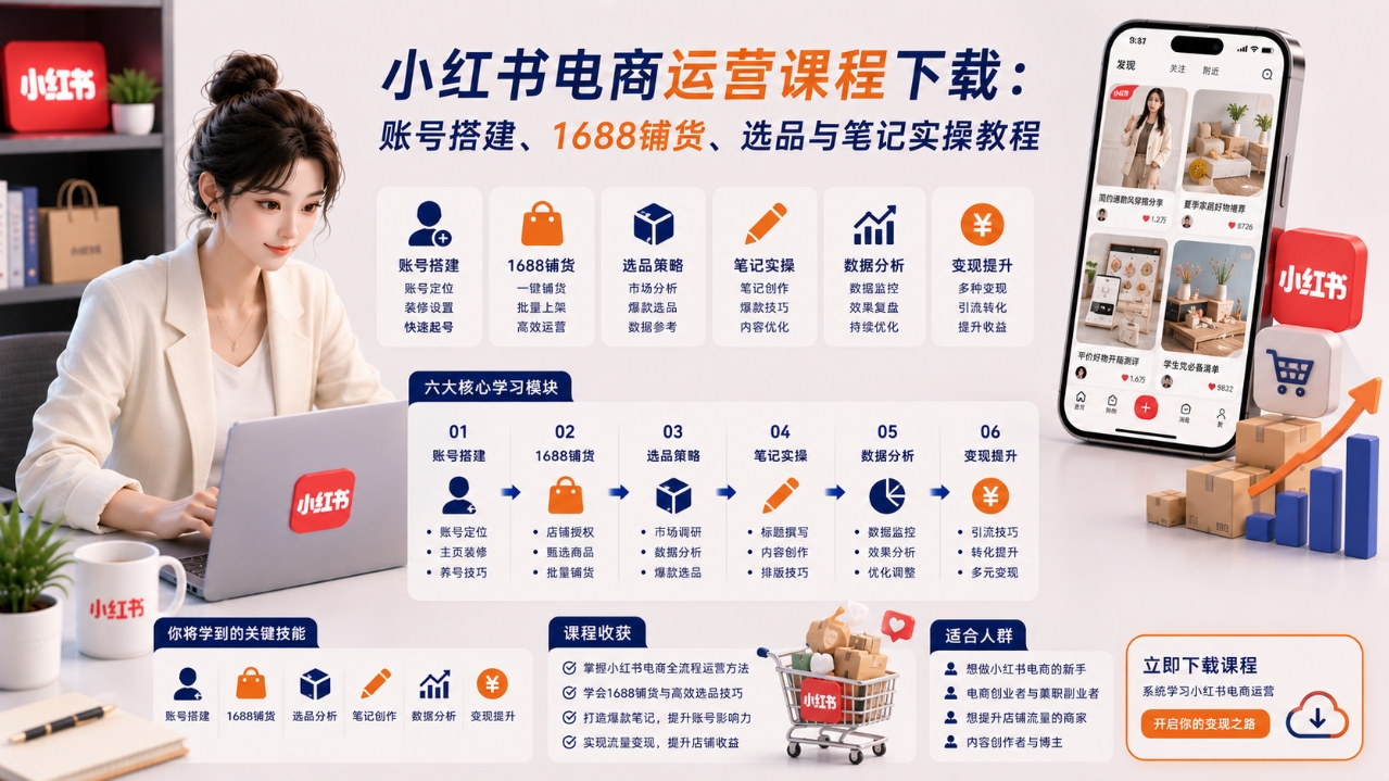 小红书电商运营课程下载：账号搭建、1688铺货、选品与笔记实操教程