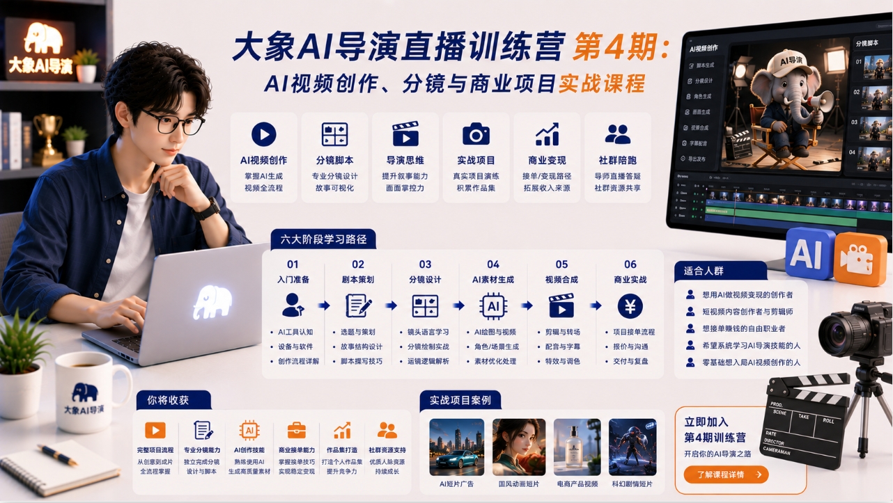 大象AI导演直播训练营第4期：AI视频创作、分镜与商业项目实战课程