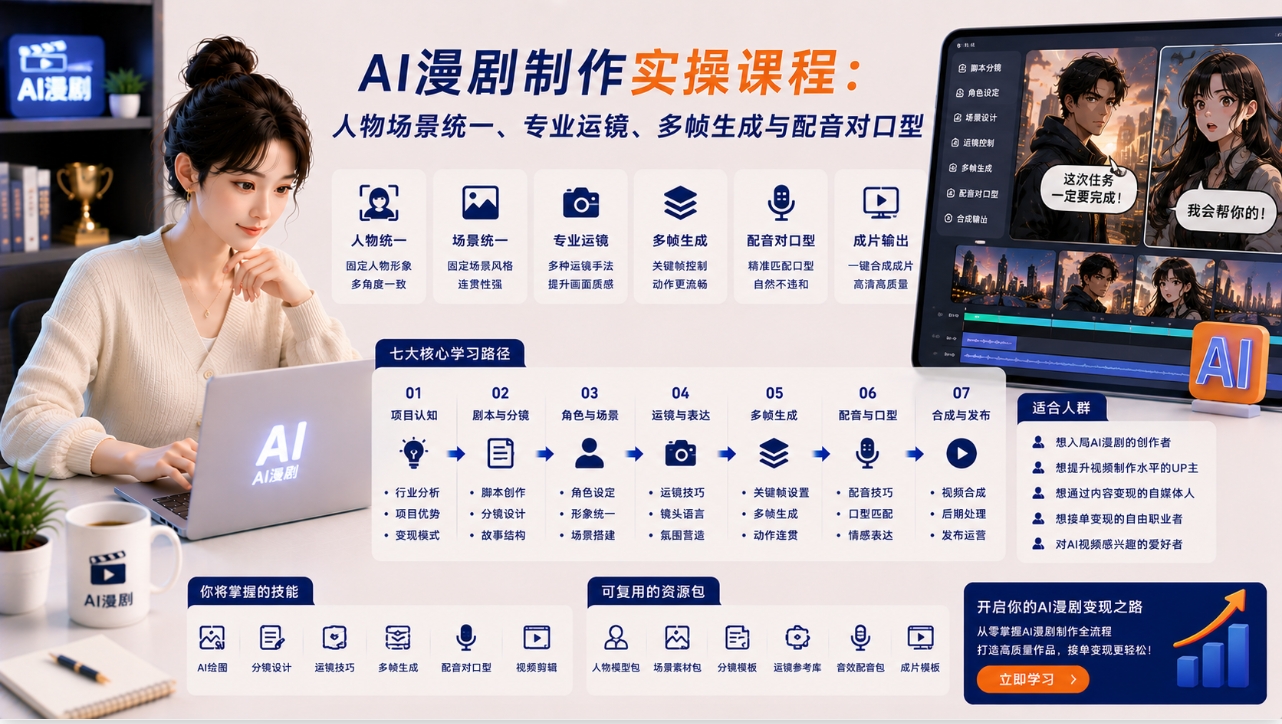 AI漫剧制作实操课程:人物场景统一、专业运镜、多帧生成与配音对口型 AI漫剧制作实操课程:人物场景统一、专业运镜、多帧生成与配音对口型