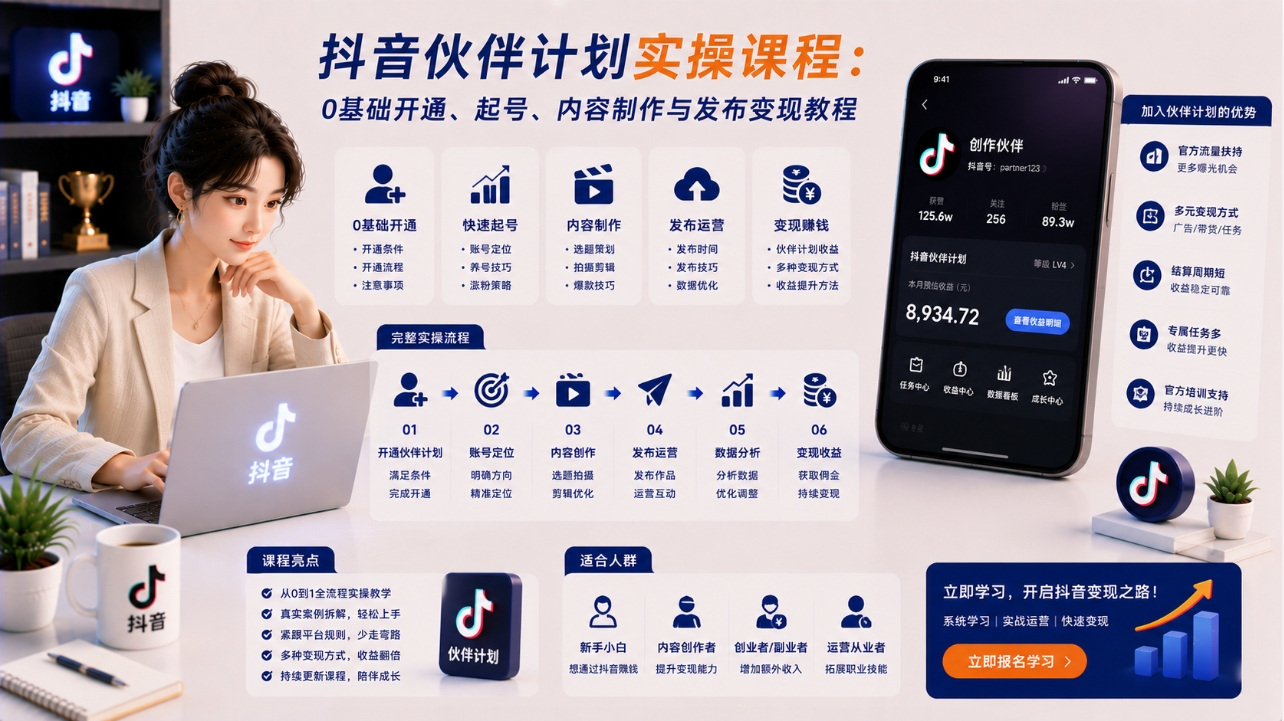 抖音伙伴计划实操课程:0基础开通、起号、内容制作与发布变现教程 抖音伙伴计划实操课程:0基础开通、起号、内容制作与发布变现教程