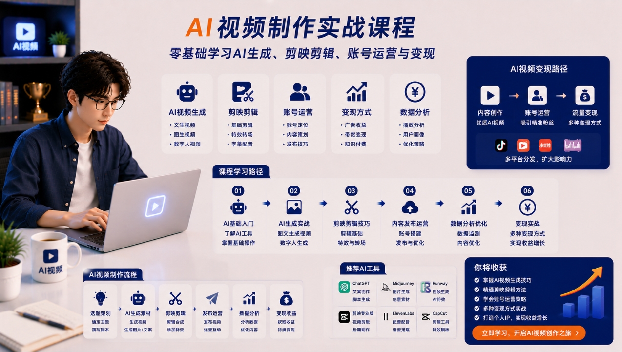AI视频制作实战课程:零基础学习AI生成、剪映剪辑、账号运营与变现 AI视频制作实战课程:零基础学习AI生成、剪映剪辑、账号运营与变现