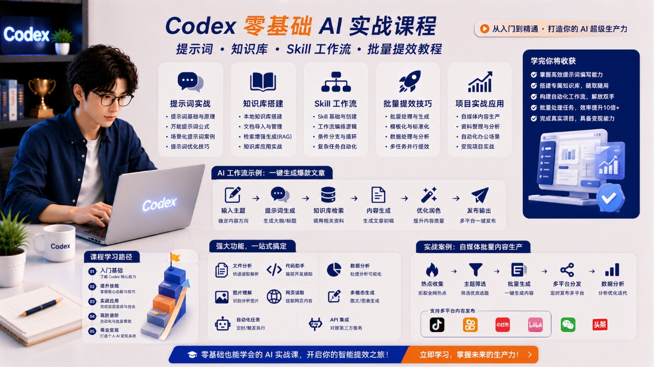 Codex零基础AI实战课程:提示词、知识库、Skill工作流与批量提效教程 Codex零基础AI实战课程:提示词、知识库、Skill工作流与批量提效教程