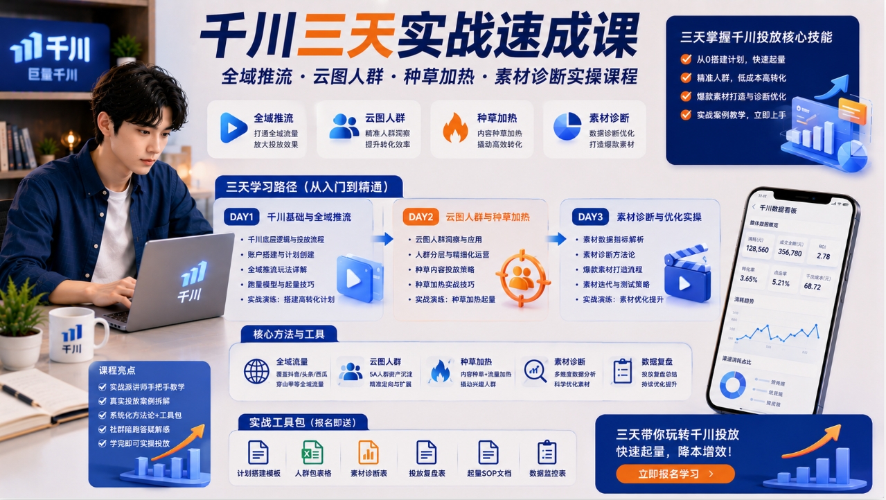 千川三天实战速成课:全域推流、云图人群、种草加热与素材诊断实操课程 千川三天实战速成课:全域推流、云图人群、种草加热与素材诊断实操课程
