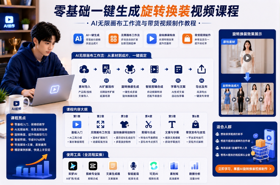 零基础一键生成旋转换装视频课程:AI无限画布工作流与带货视频制作教程 零基础一键生成旋转换装视频课程:AI无限画布工作流与带货视频制作教程