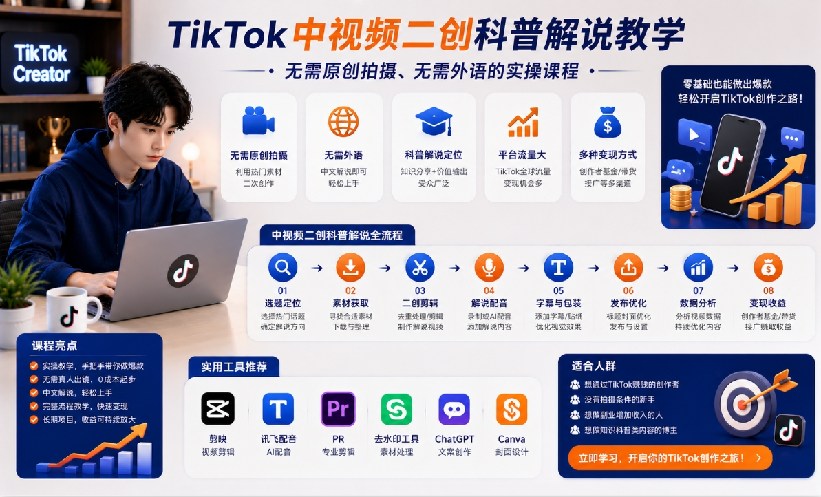 TikTok中视频二创科普解说教学:无需原创拍摄、无需外语的实操课程 TikTok中视频二创科普解说教学:无需原创拍摄、无需外语的实操课程