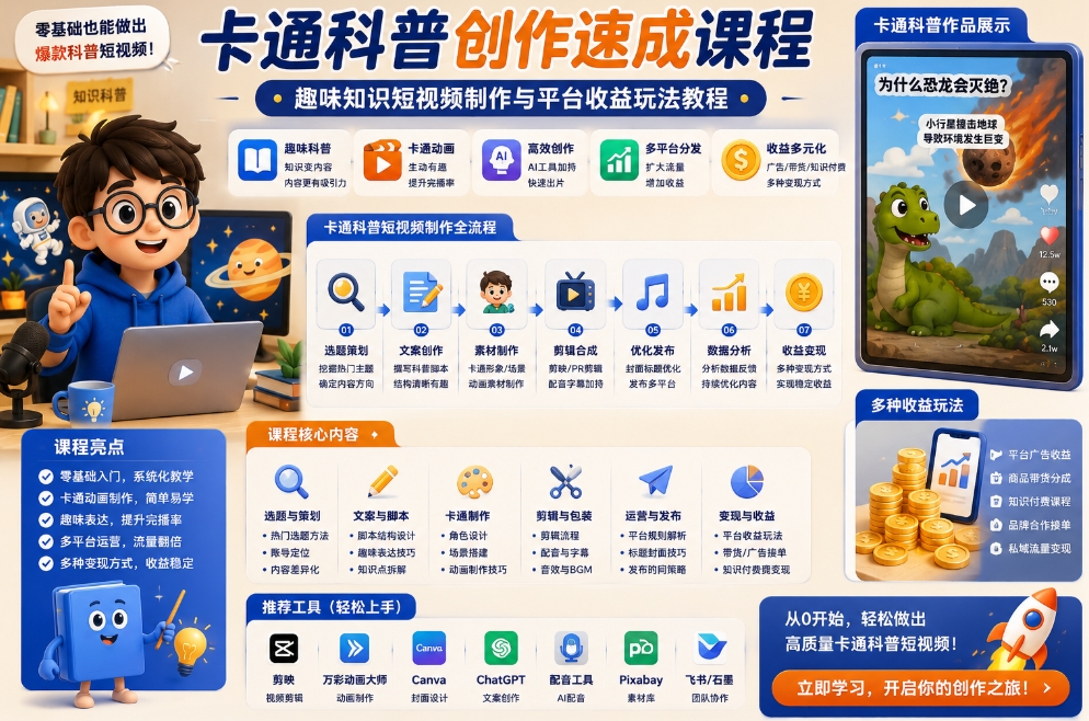 卡通科普创作速成课程：趣味知识短视频制作与平台收益玩法教程