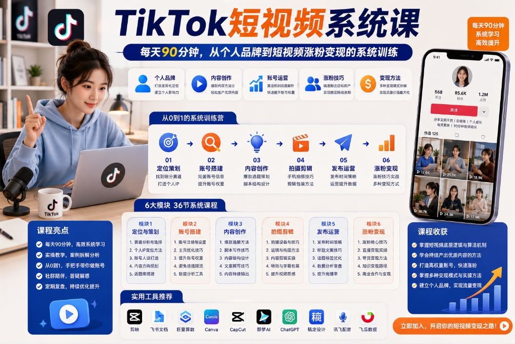 TikTok短视频系统课:每天90分钟,从个人品牌到短视频涨粉变现的系统训练 TikTok短视频系统课:每天90分钟,从个人品牌到短视频涨粉变现的系统训练