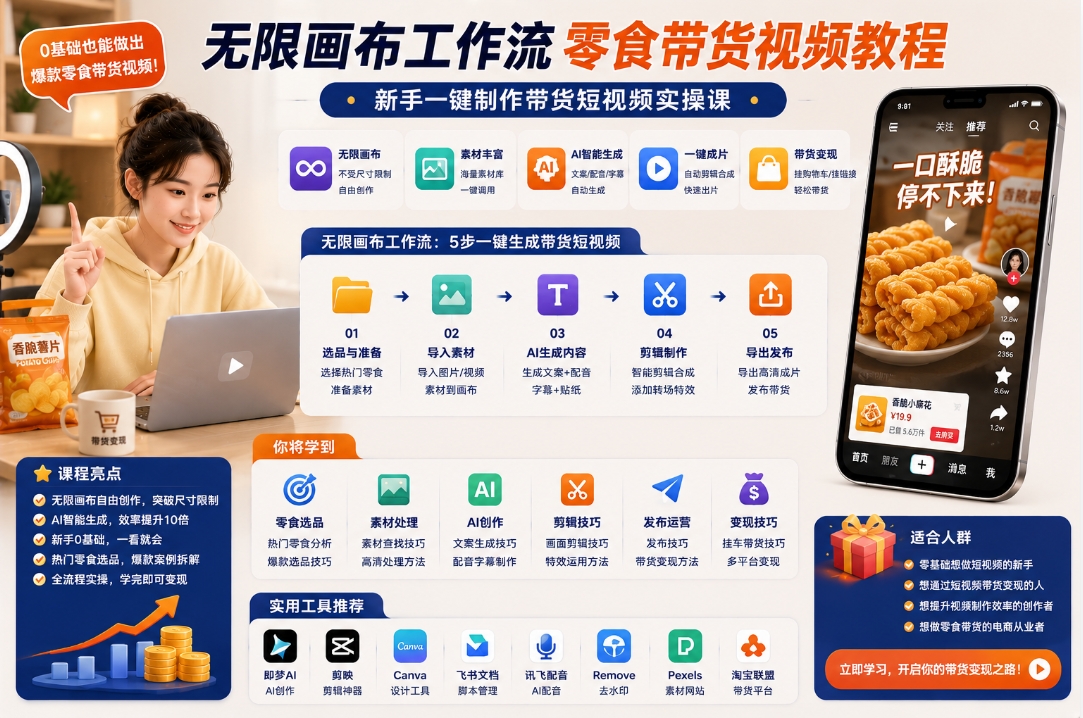 无限画布工作流零食带货视频教程:新手一键制作带货短视频实操课 无限画布工作流零食带货视频教程:新手一键制作带货短视频实操课