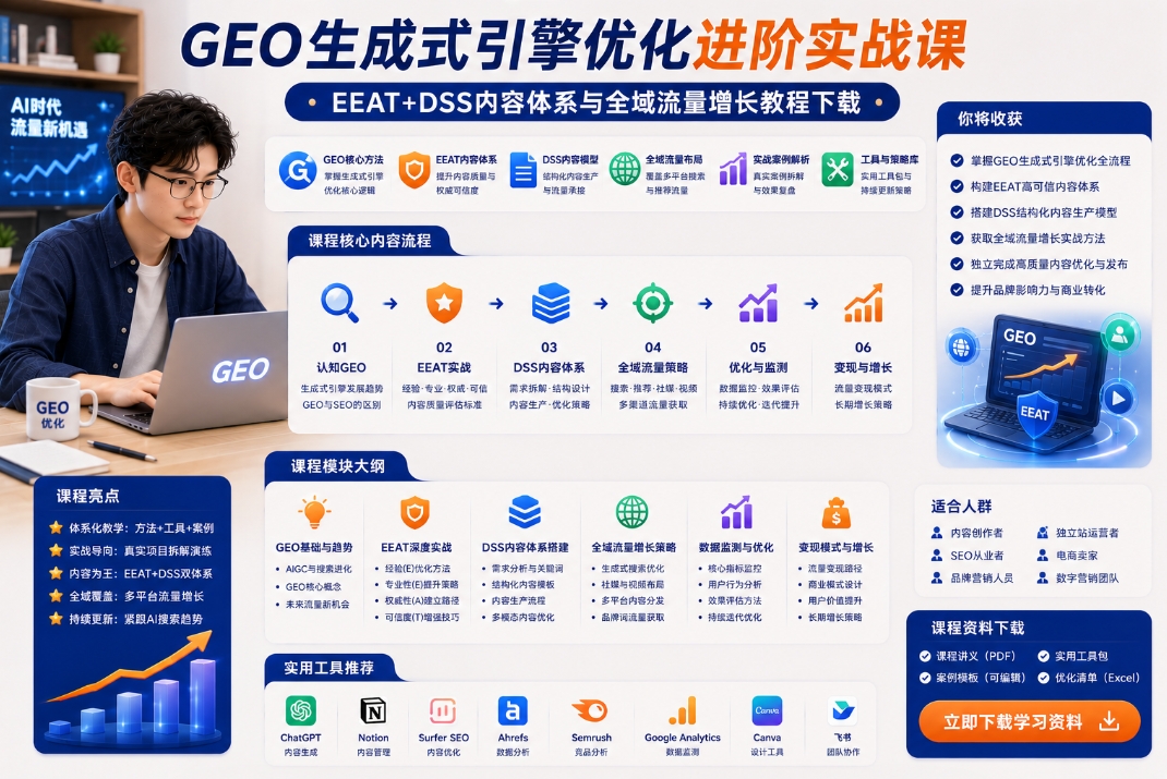 GEO生成式引擎优化进阶实战课，EEAT+DSS内容体系与全域流量增长教程下载