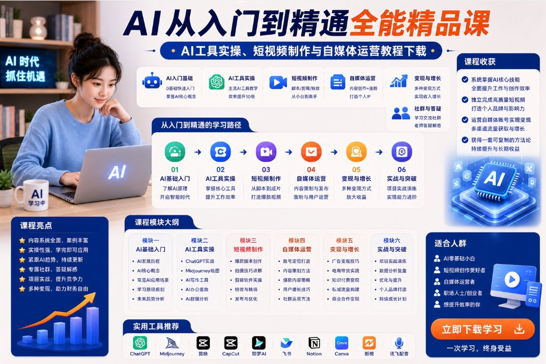 AI从入门到精通全能精品课,AI工具实操、短视频制作与自媒体运营教程下载 AI从入门到精通全能精品课,AI工具实操、短视频制作与自媒体运营教程下载