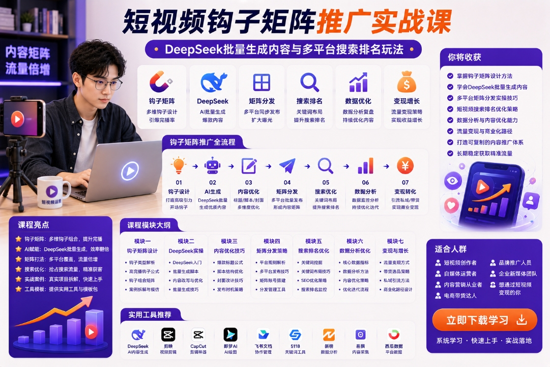 短视频钩子矩阵推广实战课,DeepSeek批量生成内容与多平台搜索排名玩法 短视频钩子矩阵推广实战课,DeepSeek批量生成内容与多平台搜索排名玩法