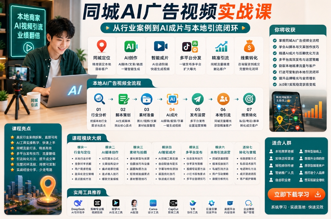 同城AI广告视频实战课,从行业案例到AI成片与本地引流闭环 同城AI广告视频实战课,从行业案例到AI成片与本地引流闭环