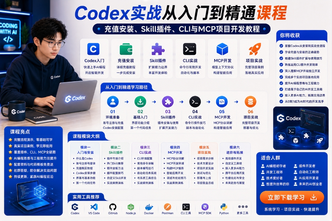 Codex实战从入门到精通课程,充值安装、Skill插件、CLI与MCP项目开发教程 Codex实战从入门到精通课程,充值安装、Skill插件、CLI与MCP项目开发教程