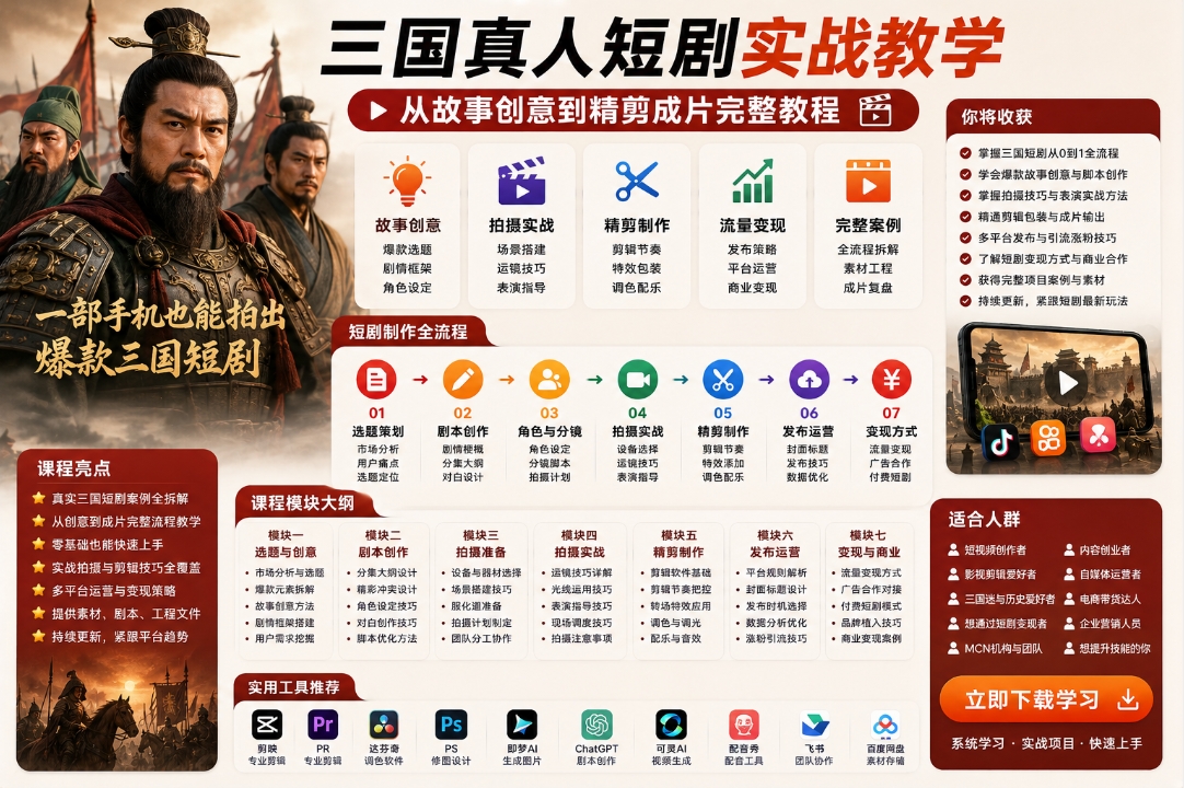 三国真人短剧实战教学:从故事创意到精剪成片完整教程 三国真人短剧实战教学:从故事创意到精剪成片完整教程