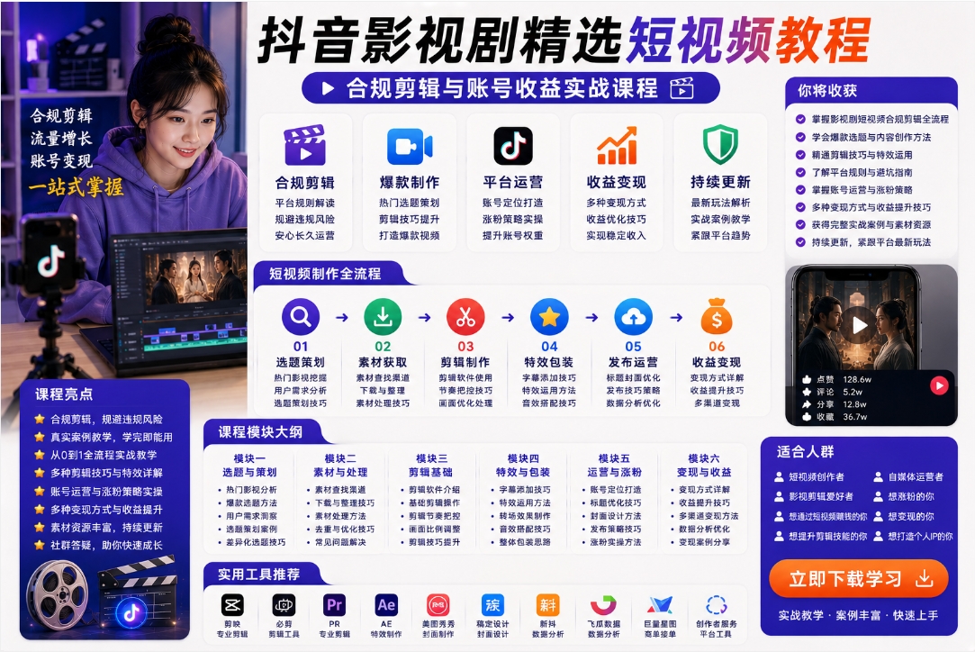 抖音影视剧精选短视频教程:合规剪辑与账号收益实战课程 抖音影视剧精选短视频教程:合规剪辑与账号收益实战课程